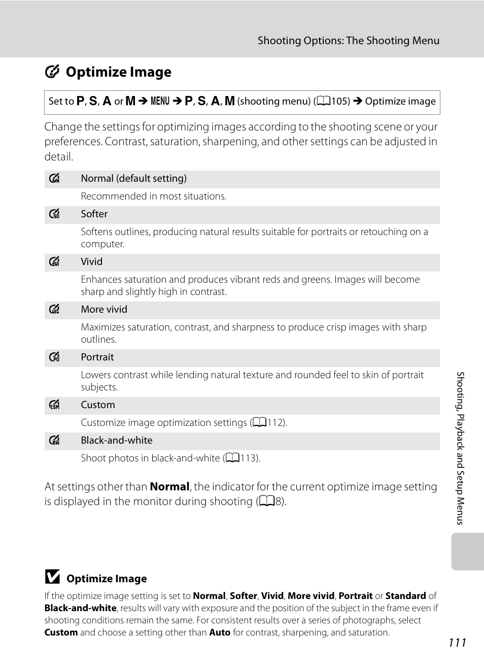 Optimize image, F optimize image, A111) | A111 | Nikon P90 User Manual | Page 123 / 192