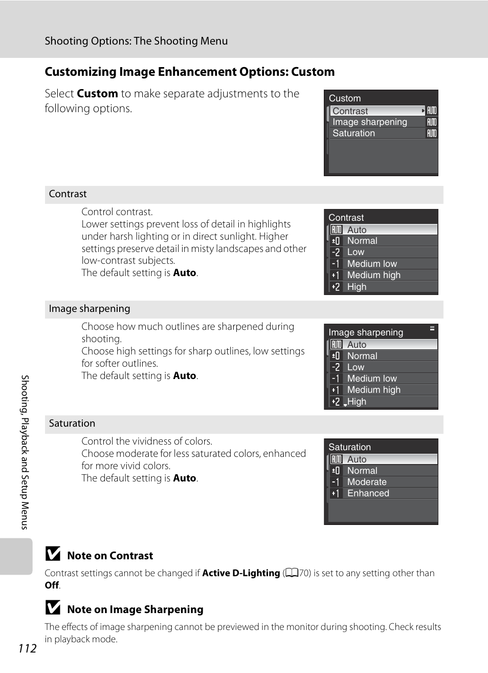 A112), Customizing image enhancement options: custom | Nikon P90 User Manual | Page 124 / 192