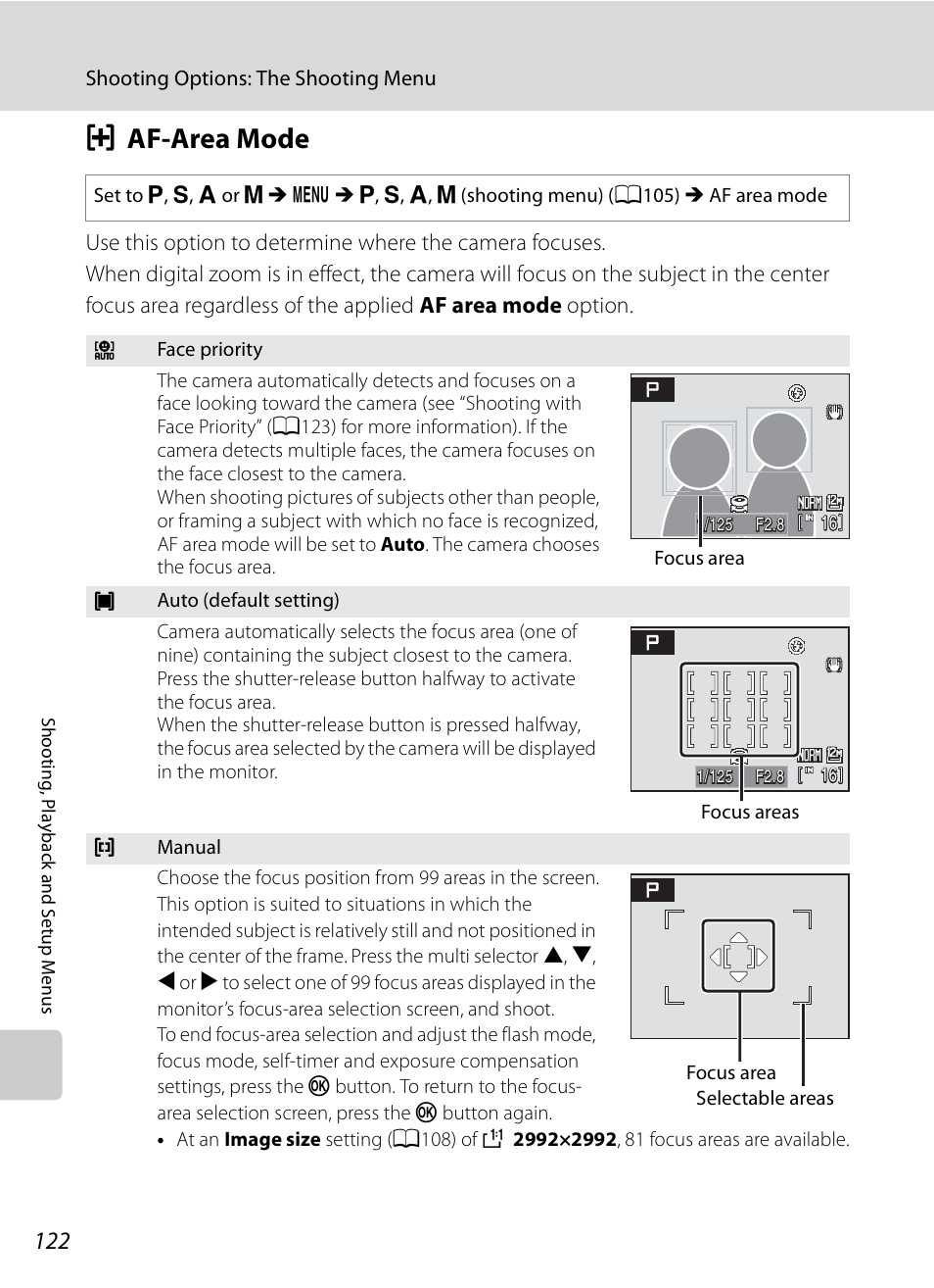 Af-area mode, G af-area mode, A122) | A122 | Nikon P90 User Manual | Page 134 / 192