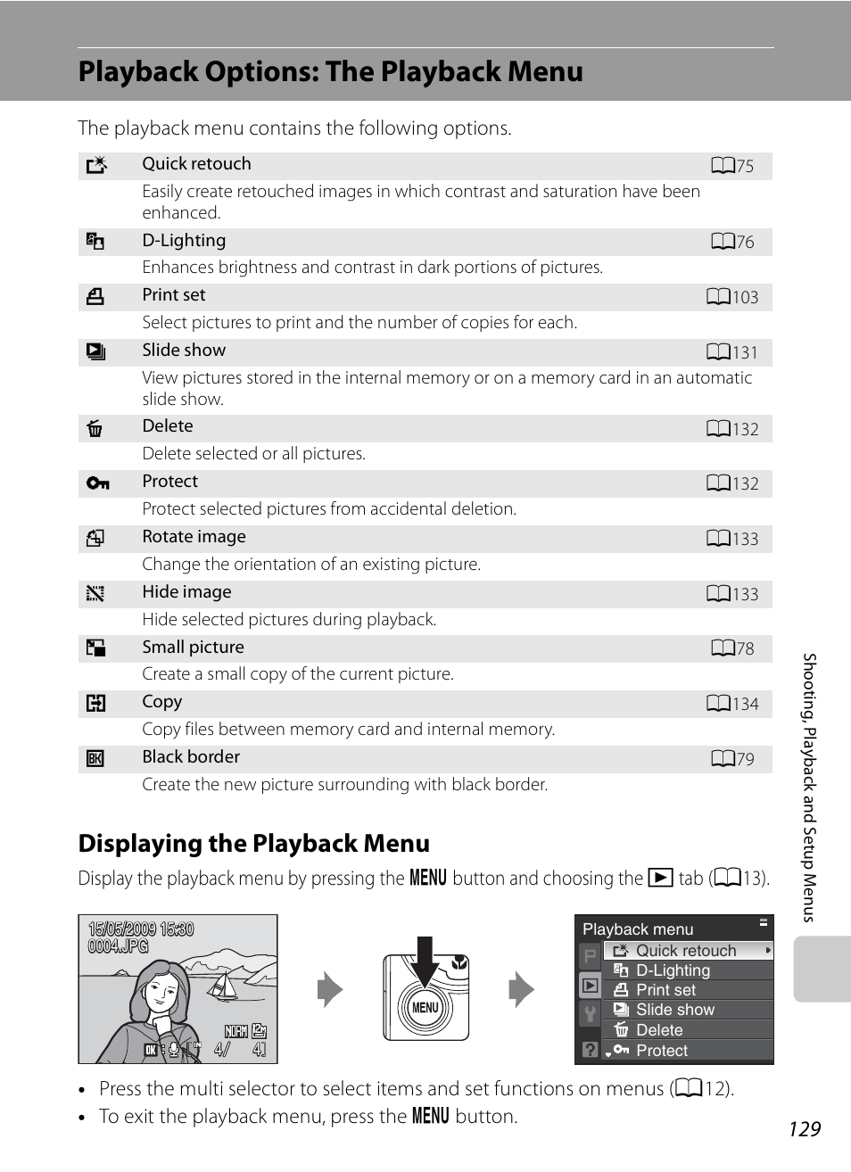 Playback options: the playback menu, Displaying the playback menu, A129) t | Nikon P90 User Manual | Page 141 / 192
