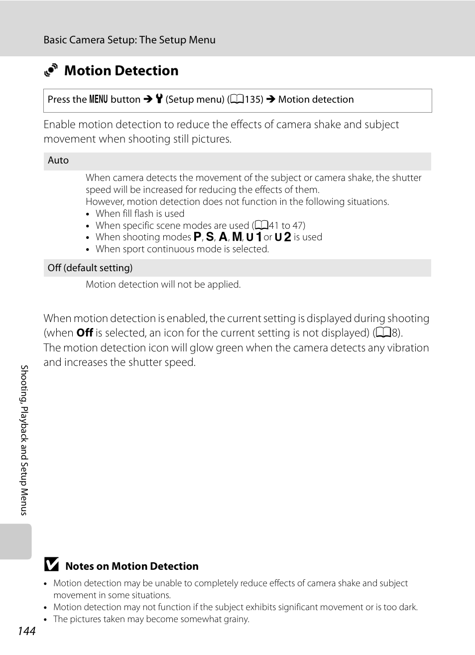 Motion detection, U motion detection, A144) | A144 | Nikon P90 User Manual | Page 156 / 192