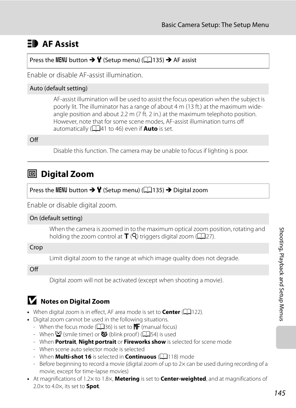 Af assist, Digital zoom, H af assist u digital zoom | A145), A145) is, A145, H af assist, U digital zoom | Nikon P90 User Manual | Page 157 / 192