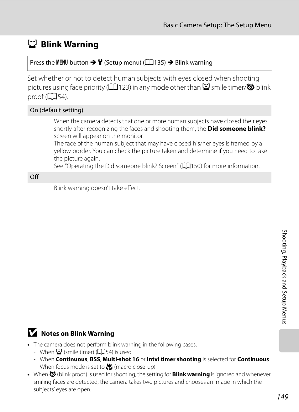 Blink warning, D blink warning, A149) | A149 | Nikon P90 User Manual | Page 161 / 192