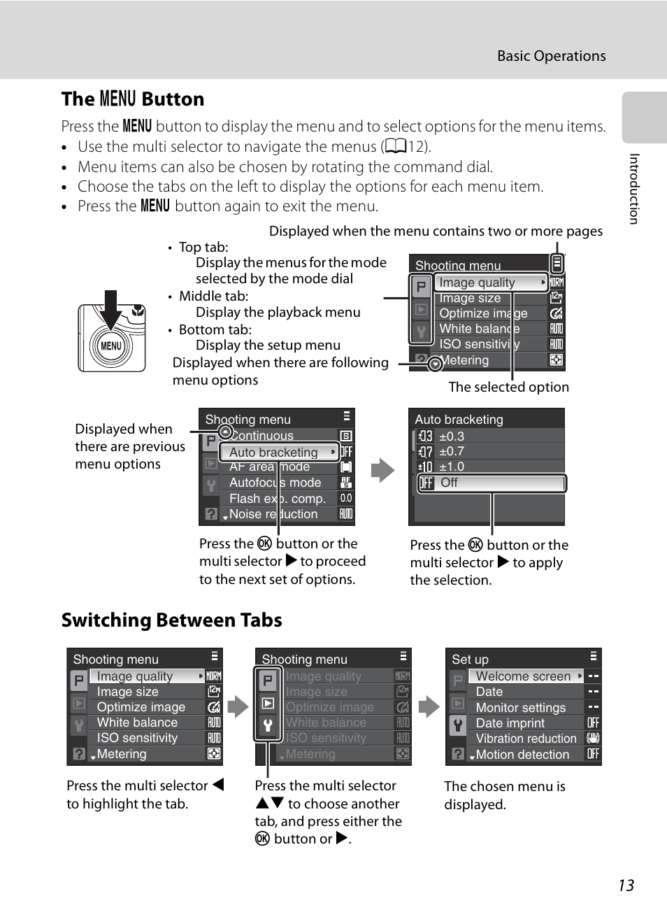 The menu button, Switching between tabs, D button | The d button | Nikon P90 User Manual | Page 25 / 192