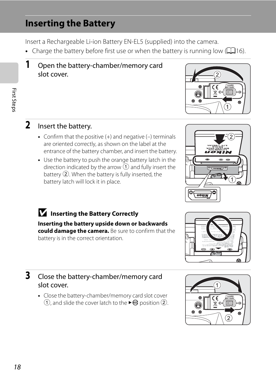 Inserting the battery | Nikon P90 User Manual | Page 30 / 192