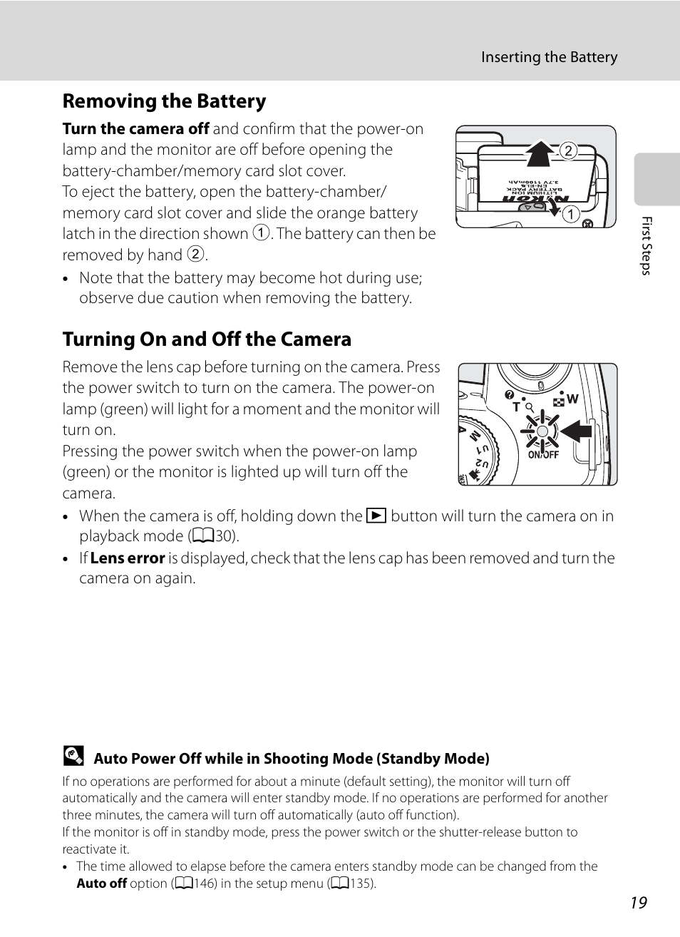 Removing the battery, Turning on and off the camera, Removing the battery turning on and off the camera | Nikon P90 User Manual | Page 31 / 192