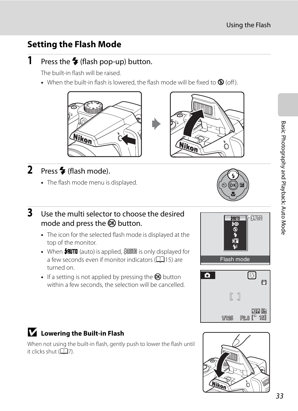 Setting the flash mode, A33) | Nikon P90 User Manual | Page 45 / 192