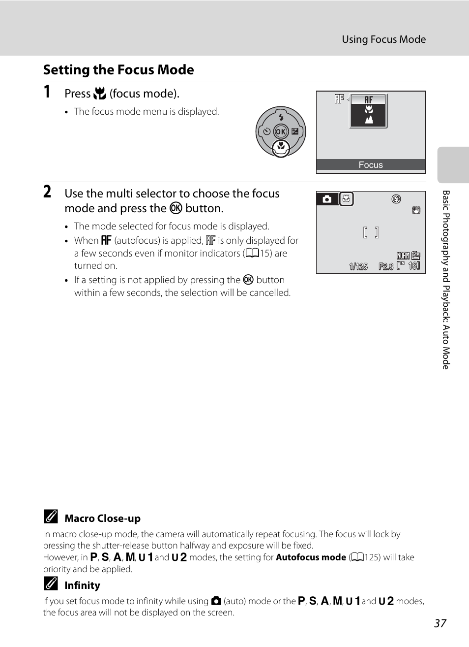 Setting the focus mode, Press p (focus mode) | Nikon P90 User Manual | Page 49 / 192