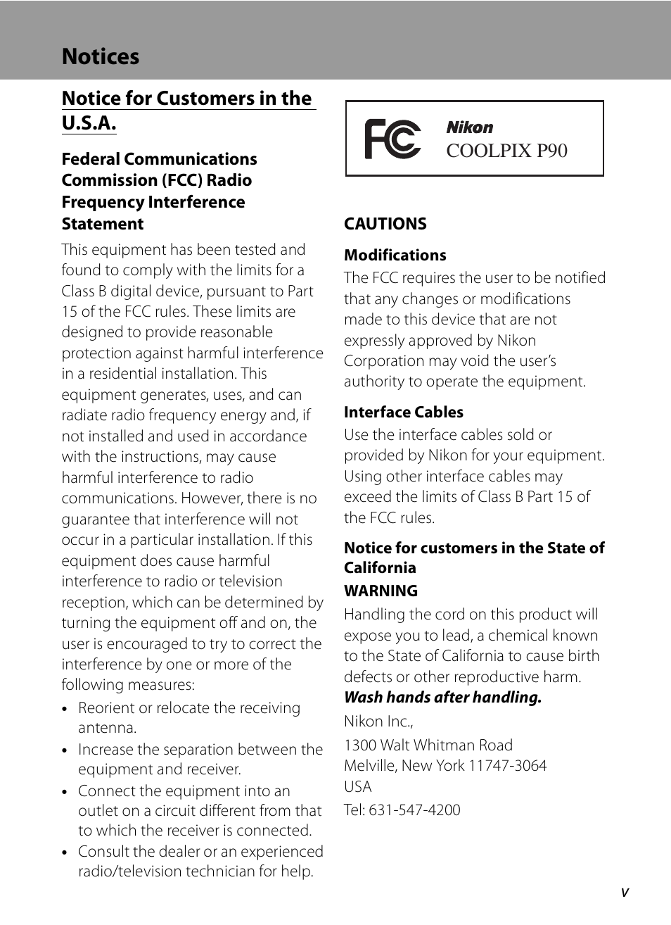 Notices, Notice for customers in the u.s.a, Coolpix p90 | Nikon P90 User Manual | Page 7 / 192