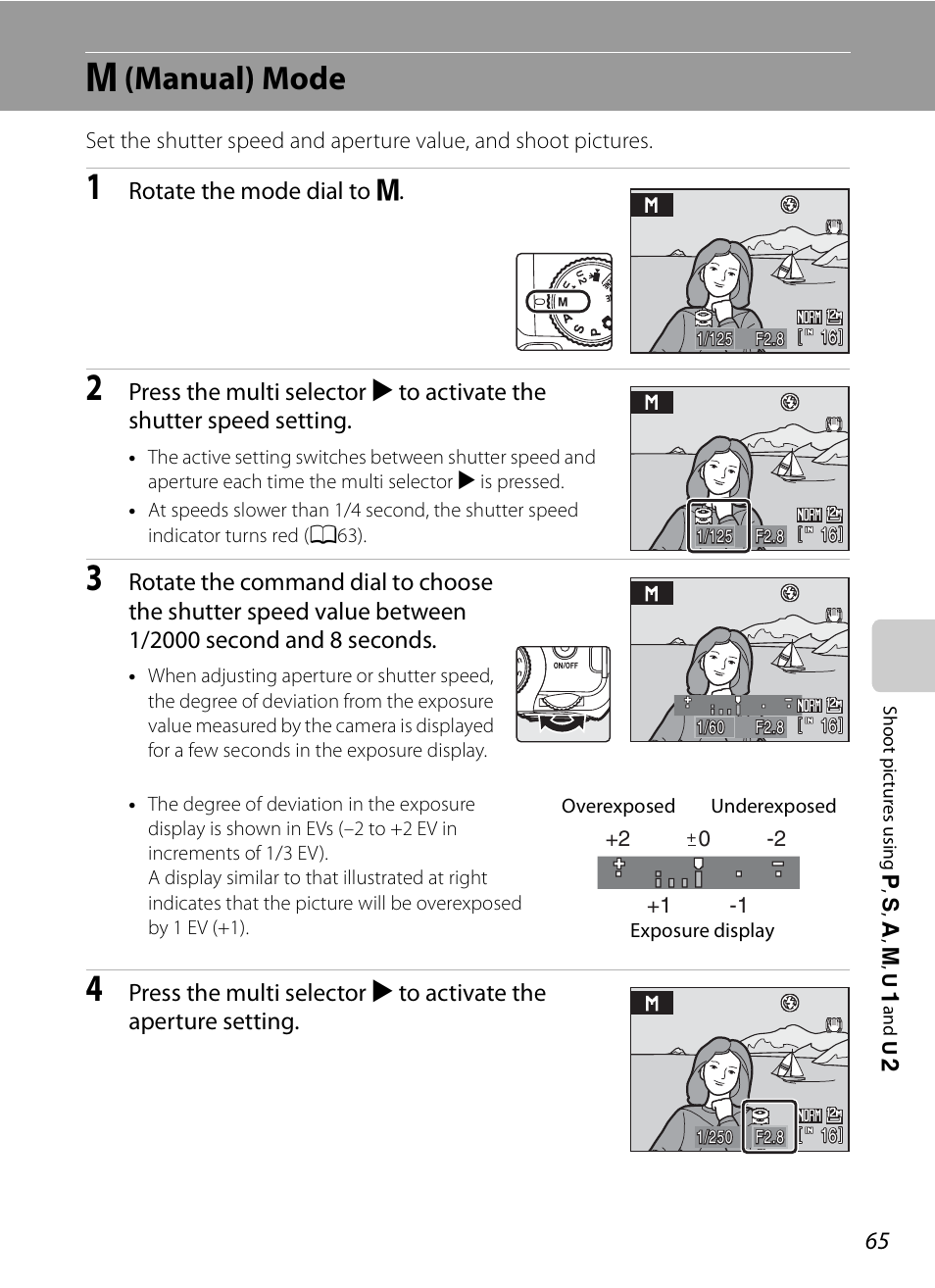 M (manual) mode, D (manual) mode, Rotate the mode dial to d | Nikon P90 User Manual | Page 77 / 192