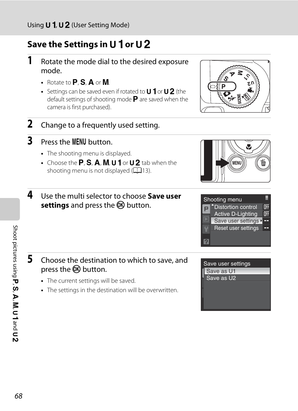 Save the settings in u1 or u2, Save the settings in, E or f | A68), Save the settings in e or f | Nikon P90 User Manual | Page 80 / 192