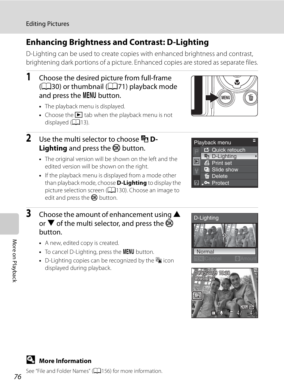 Enhancing brightness and contrast: d-lighting, A76) | Nikon P90 User Manual | Page 88 / 192