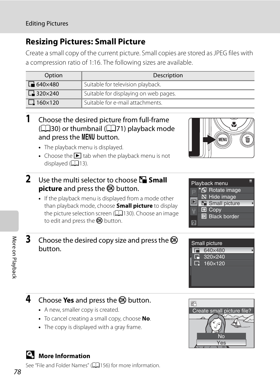Resizing pictures: small picture, A78) | Nikon P90 User Manual | Page 90 / 192
