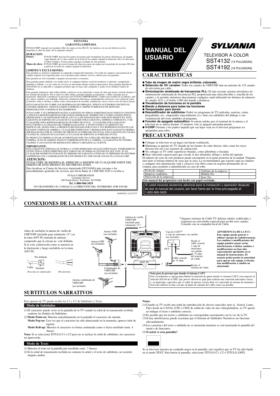 Manual del usuario, Sst4132, Sst4192 | Conexiones de la antena/cable precauciones, Características, Subtitulos narrativos, Ant.in, Televisor a color | Sylvania SST4132 User Manual | Page 5 / 8