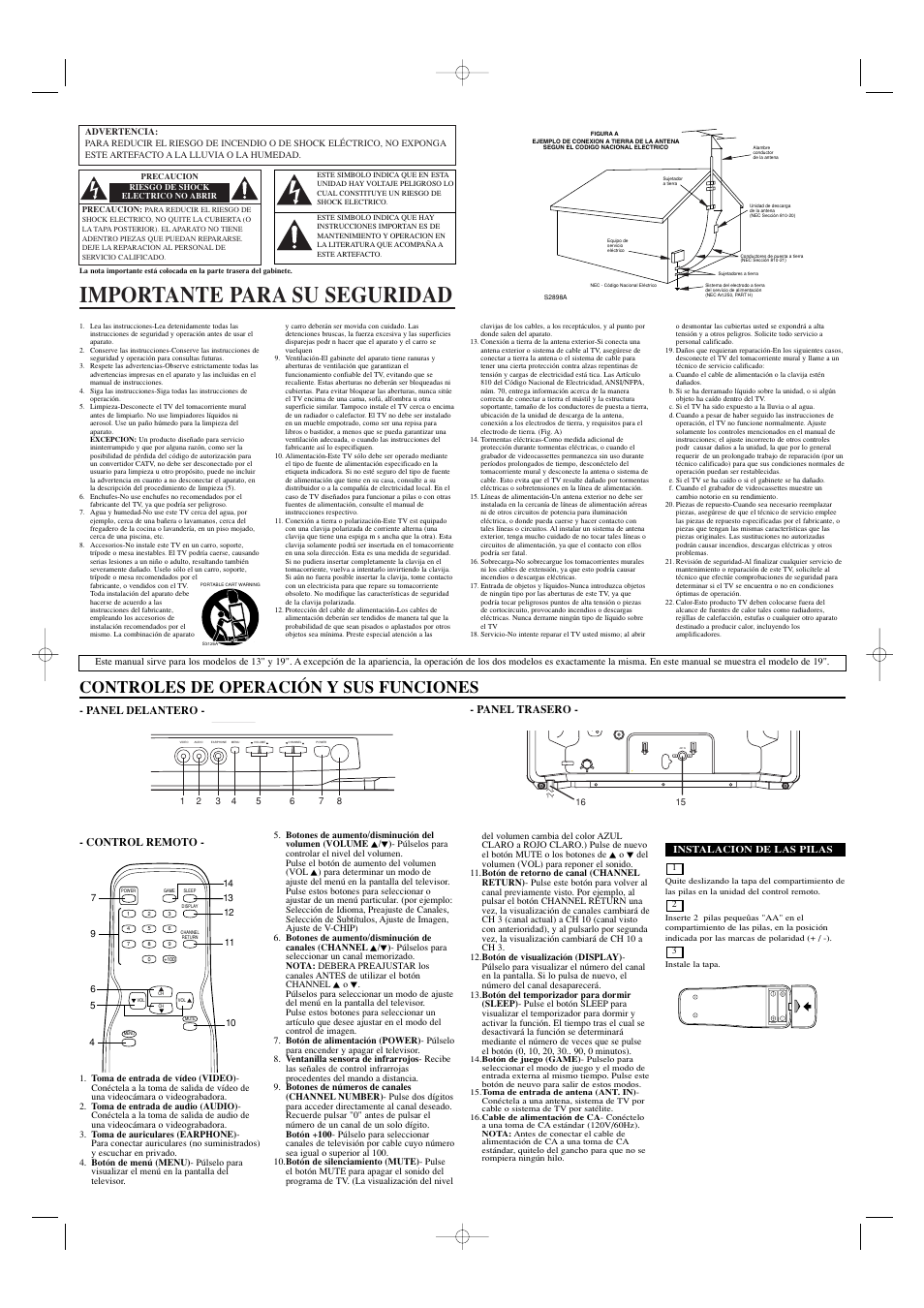 Importante para su seguridad, Controles de operación y sus funciones, Panel trasero | Control remoto, Panel delantero | Sylvania SST4132 User Manual | Page 6 / 8