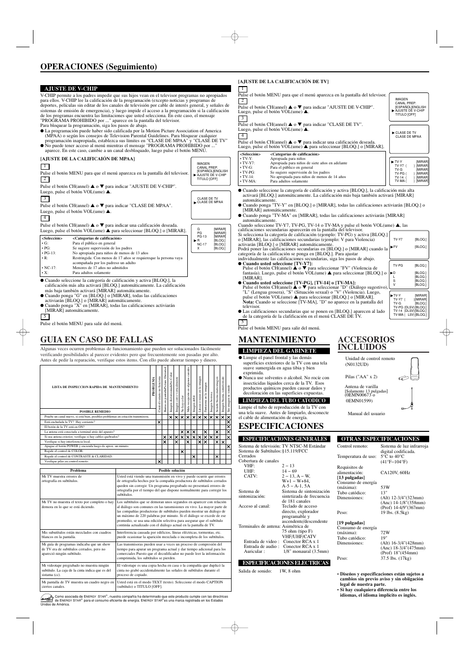 Accesorios incluidos guia en caso de fallas, Especificaciones, Mantenimiento operaciones (seguimiento) | Sylvania SST4132 User Manual | Page 8 / 8