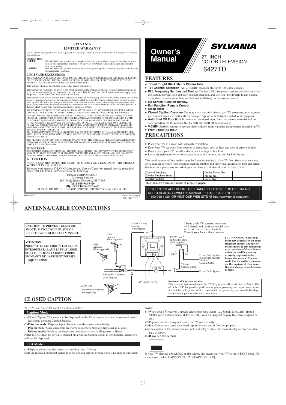 Sylvania 6427TD User Manual | 4 pages