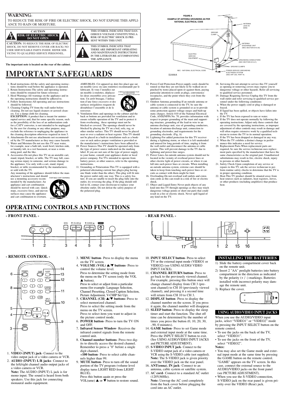 Important safeguards, Operating controls and functions, Warning | Front panel - - rear panel, Remote control, Installing the batteries, Using audio/video input jacks | Sylvania RSET432E User Manual | Page 2 / 8