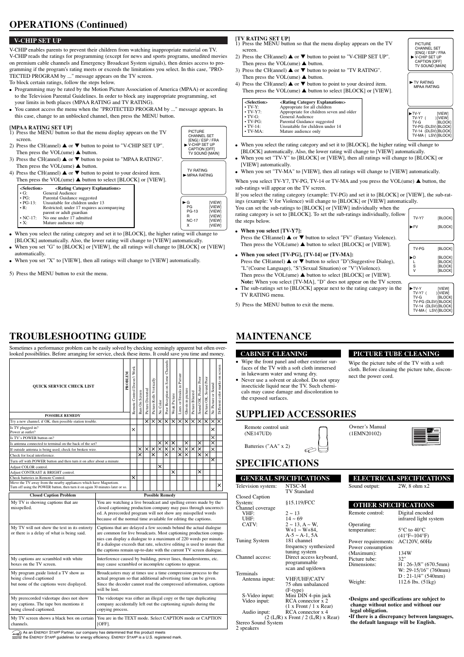 Owner’s manual, V-chip set up, General specifications | Electrical specifications, Other specifications, Cabinet cleaning, Picture tube cleaning | Sylvania RSET432E User Manual | Page 4 / 8