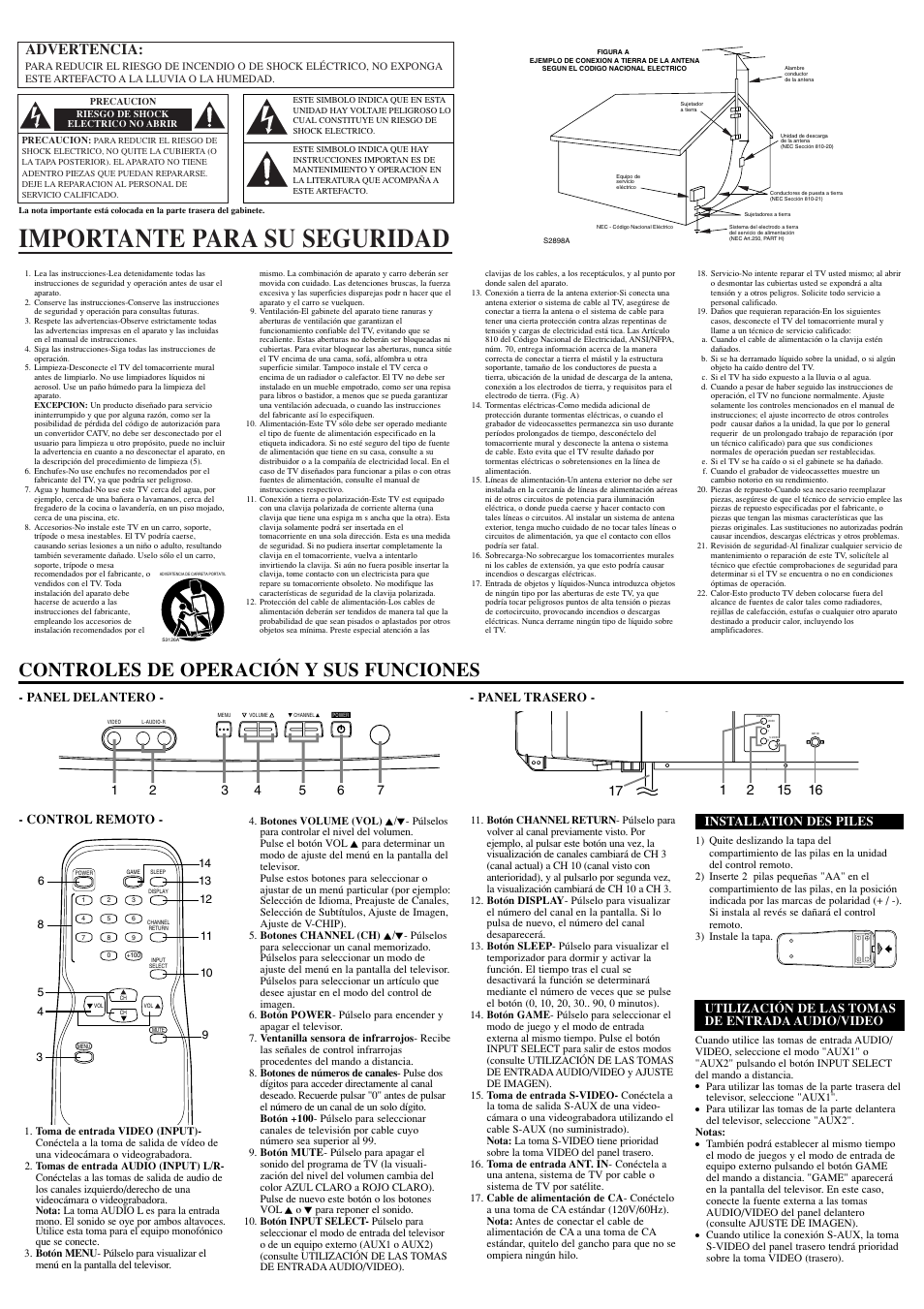 Importante para su seguridad, Controles de operación y sus funciones, Advertencia | Panel delantero - - panel trasero, Control remoto, Installation des piles, Utilización de las tomas de entrada audio/video | Sylvania RSET432E User Manual | Page 6 / 8