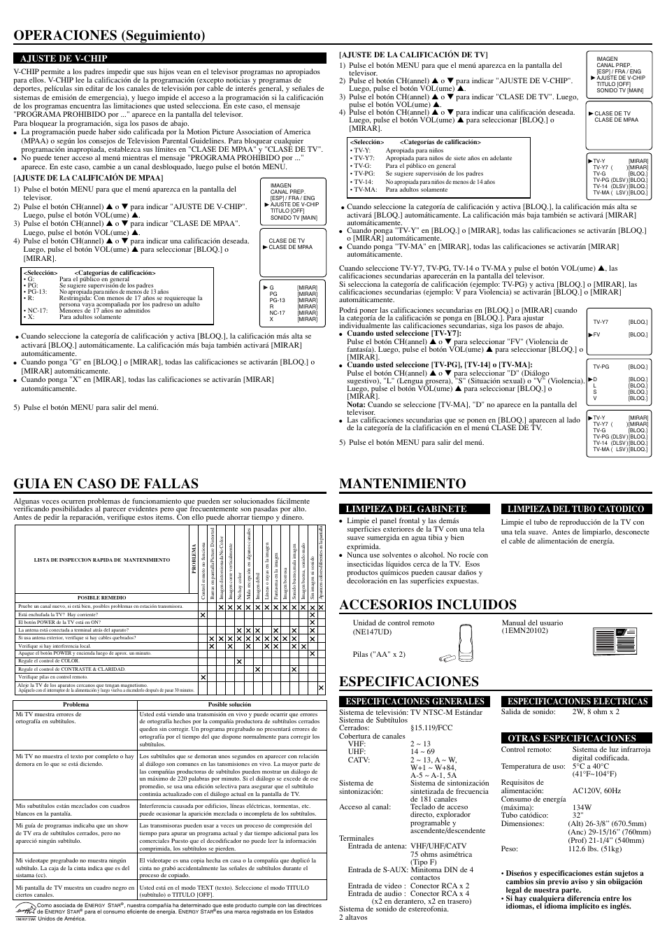 Especificaciones, Operaciones (seguimiento), Owner’s manual | Especificaciones generales, Especificaciones electricas, Otras especificaciones, Limpieza del gabinete, Limpieza del tubo catodico, Ajuste de v-chip | Sylvania RSET432E User Manual | Page 8 / 8