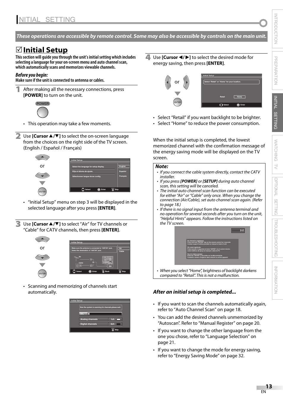 Nitial setting, Initial setup, Before you begin | After an initial setup is completed | Sylvania LC195SL9C User Manual | Page 13 / 76