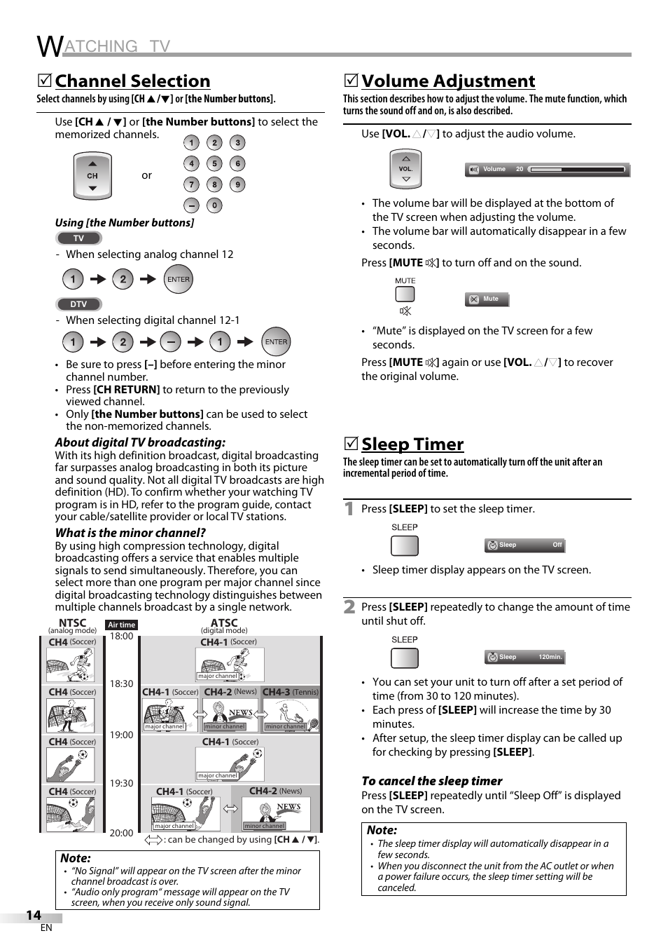 Atching tv, Channel selection, Volume adjustment | Sleep timer | Sylvania LC195SL9C User Manual | Page 14 / 76