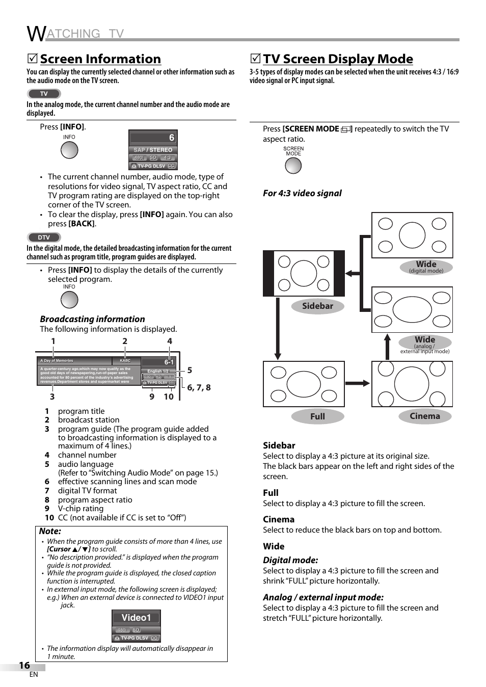 Atching tv, Screen information, Tv screen display mode | Sylvania LC195SL9C User Manual | Page 16 / 76