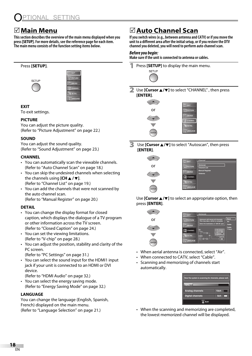 Ptional setting, Main menu, Auto channel scan | Sylvania LC195SL9C User Manual | Page 18 / 76