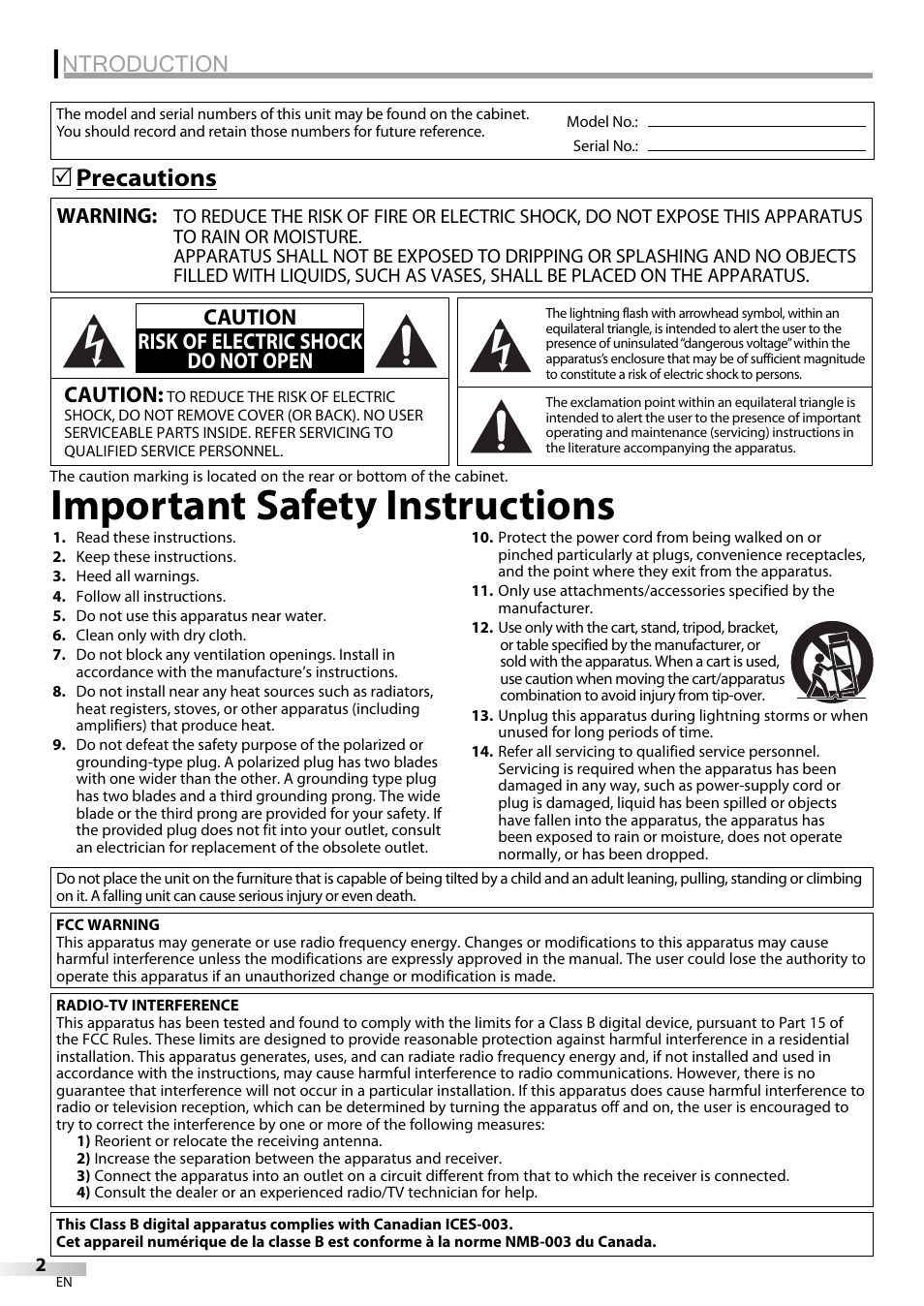 Important safety instructions, Ntroduction, Precautions 5 | Sylvania LC195SL9C User Manual | Page 2 / 76