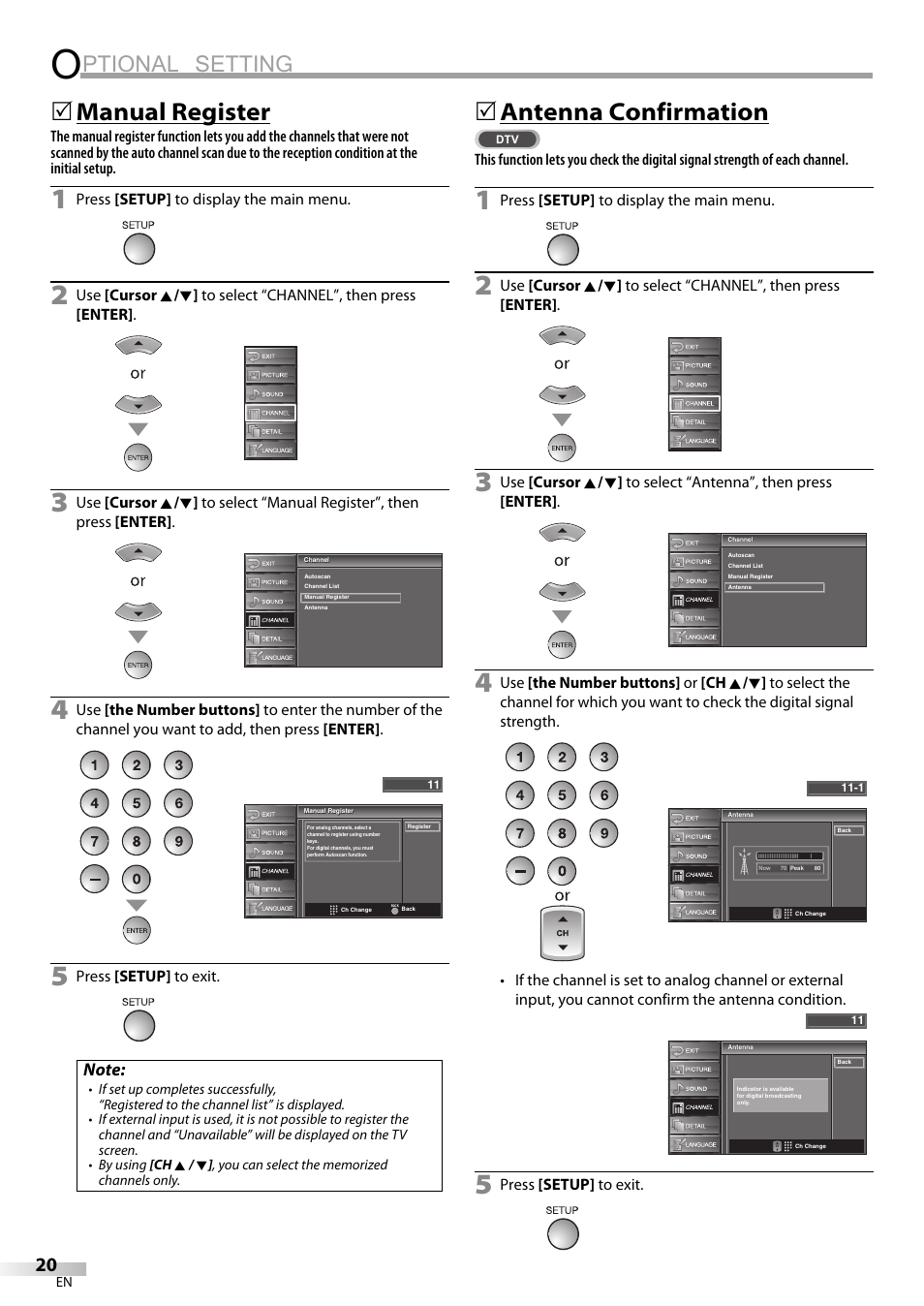 Ptional setting, Manual register, 5antenna confirmation | Sylvania LC195SL9C User Manual | Page 20 / 76