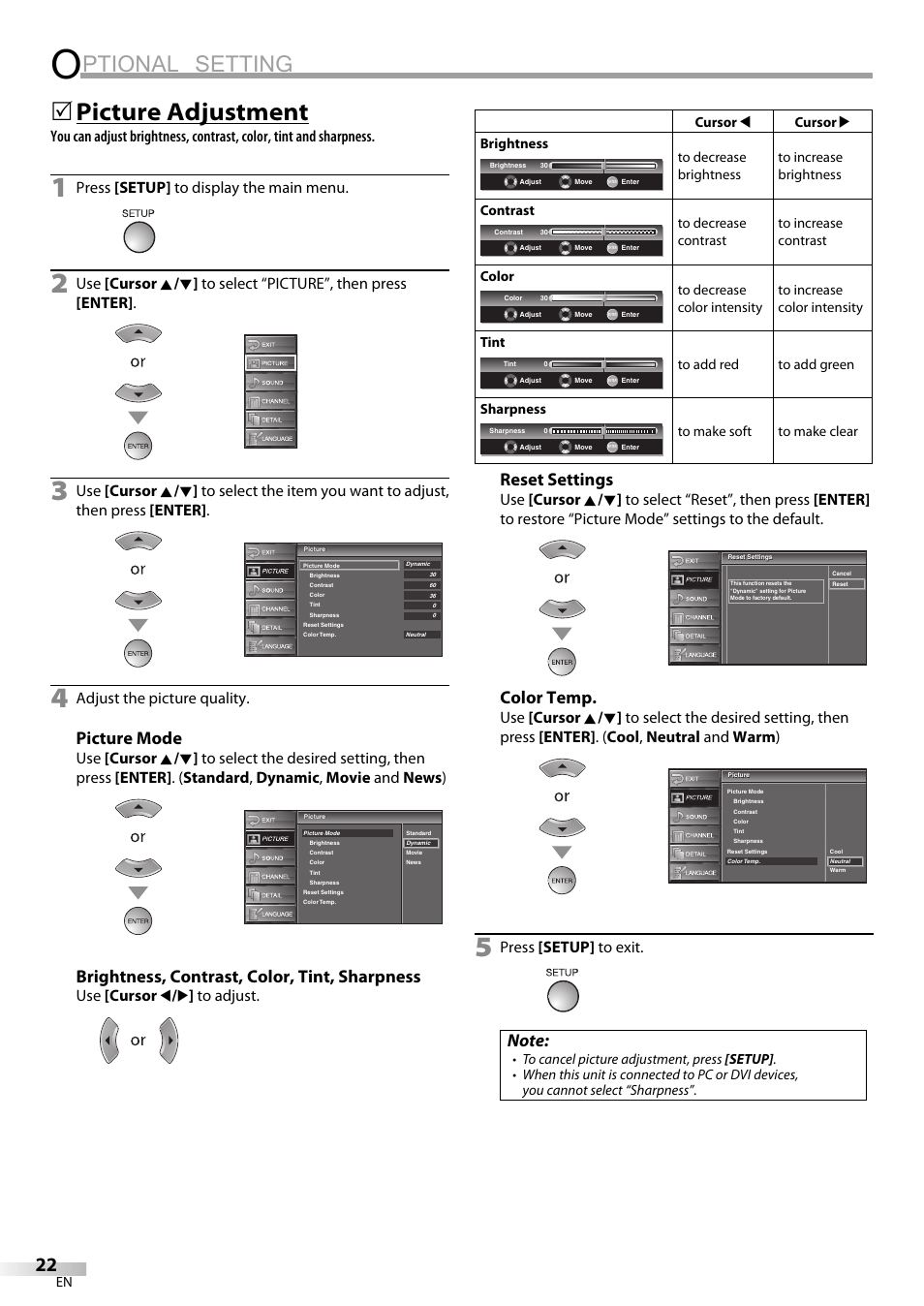 Ptional setting, Picture adjustment, Picture mode | Brightness, contrast, color, tint, sharpness, Reset settings, Color temp, Press [setup] to display the main menu, Adjust the picture quality, Use [cursor s / b ] to adjust, Press [setup] to exit | Sylvania LC195SL9C User Manual | Page 22 / 76