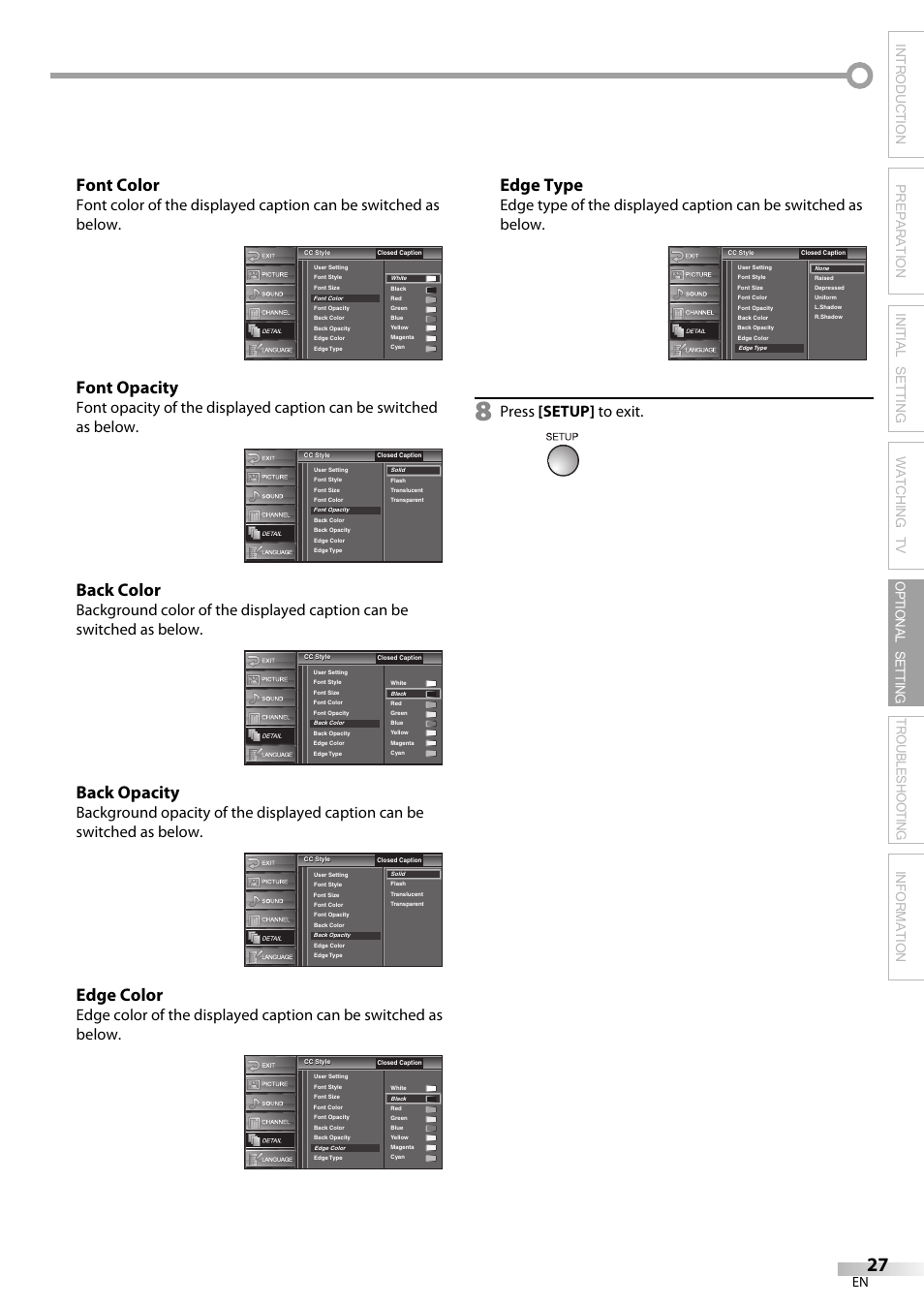 Font color, Font opacity, Back color | Back opacity, Edge color, Edge type, Press [setup] to exit | Sylvania LC195SL9C User Manual | Page 27 / 76