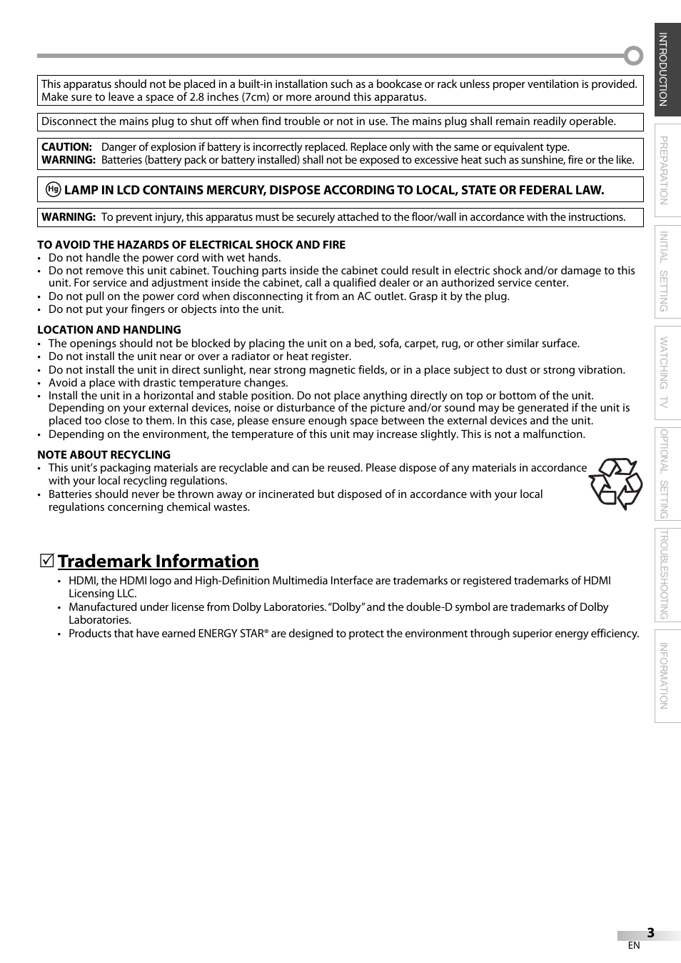 Trademark information | Sylvania LC195SL9C User Manual | Page 3 / 76