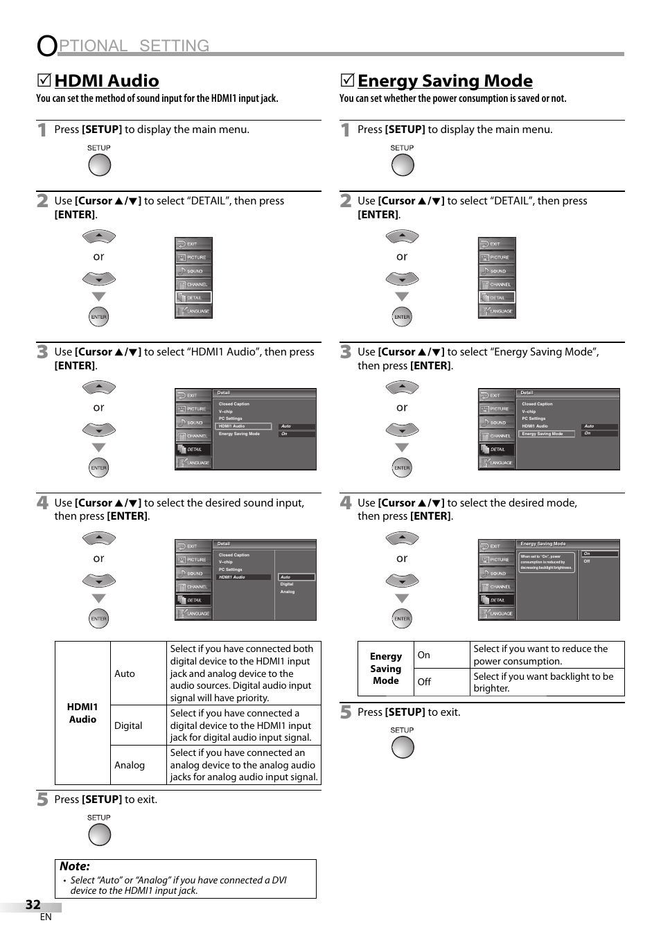 Ptional setting, Hdmi audio, 5energy saving mode | Sylvania LC195SL9C User Manual | Page 32 / 76