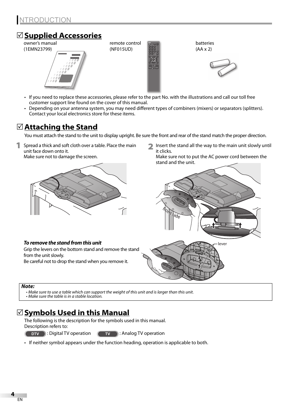Ntroduction, Symbols used in this manual, Attaching the stand | Supplied accessories 5 | Sylvania LC195SL9C User Manual | Page 4 / 76