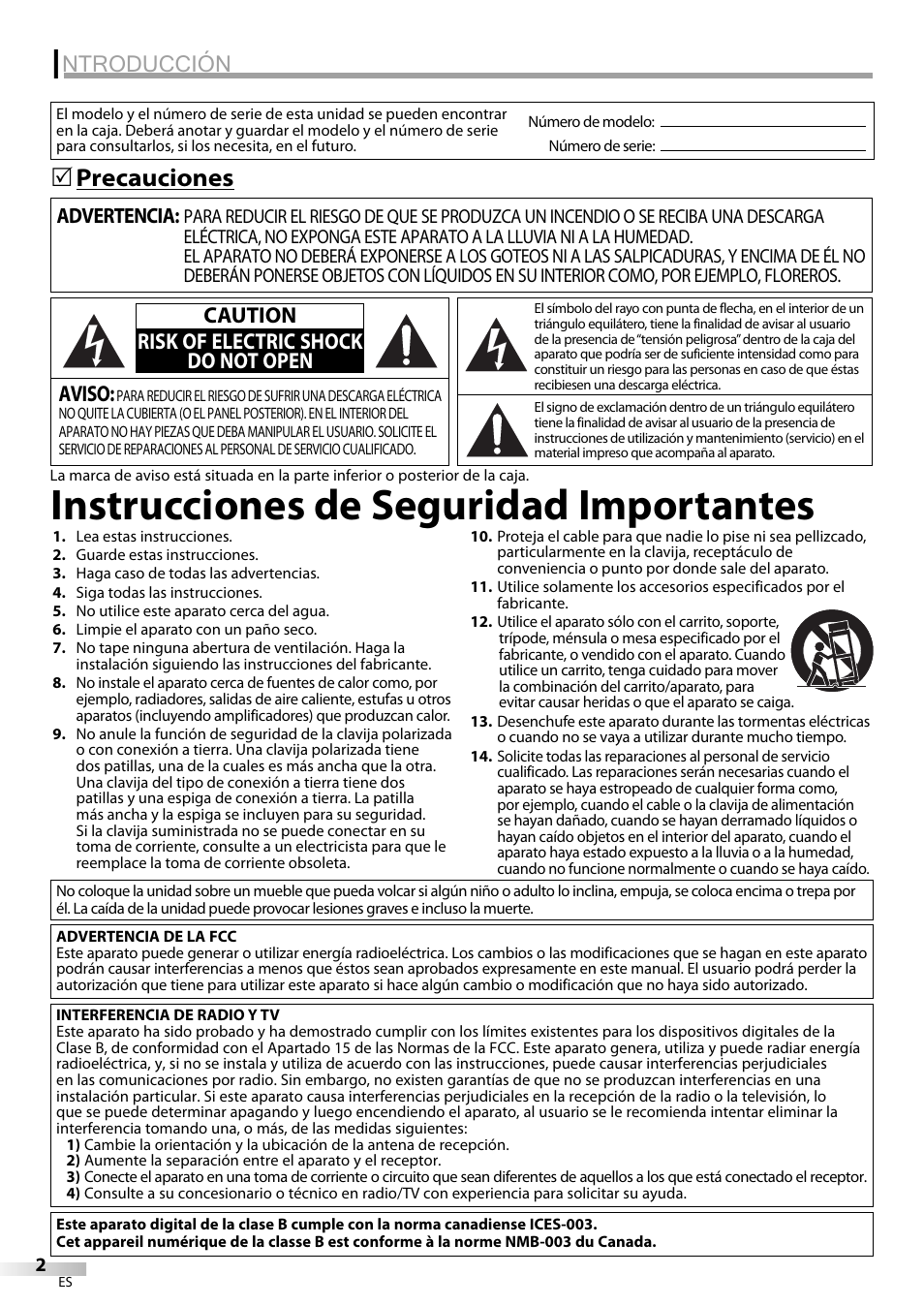 Instrucciones de seguridad importantes, Ntroducción, Precauciones 5 | Aviso, Caution risk of electric shock do not open | Sylvania LC195SL9C User Manual | Page 40 / 76