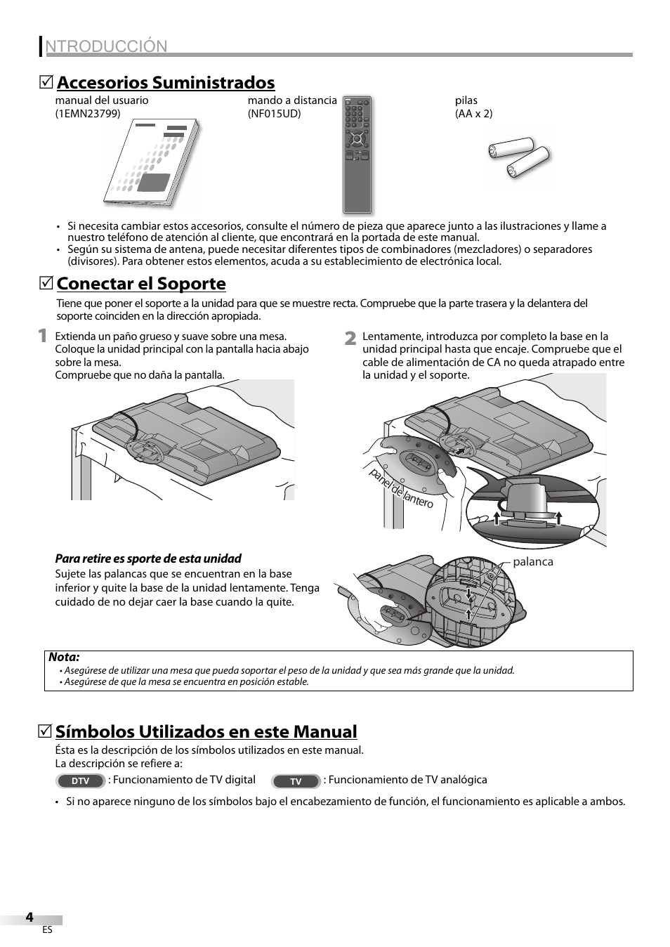 Ntroducción, Símbolos utilizados en este manual, Conectar el soporte | Accesorios suministrados 5 | Sylvania LC195SL9C User Manual | Page 42 / 76