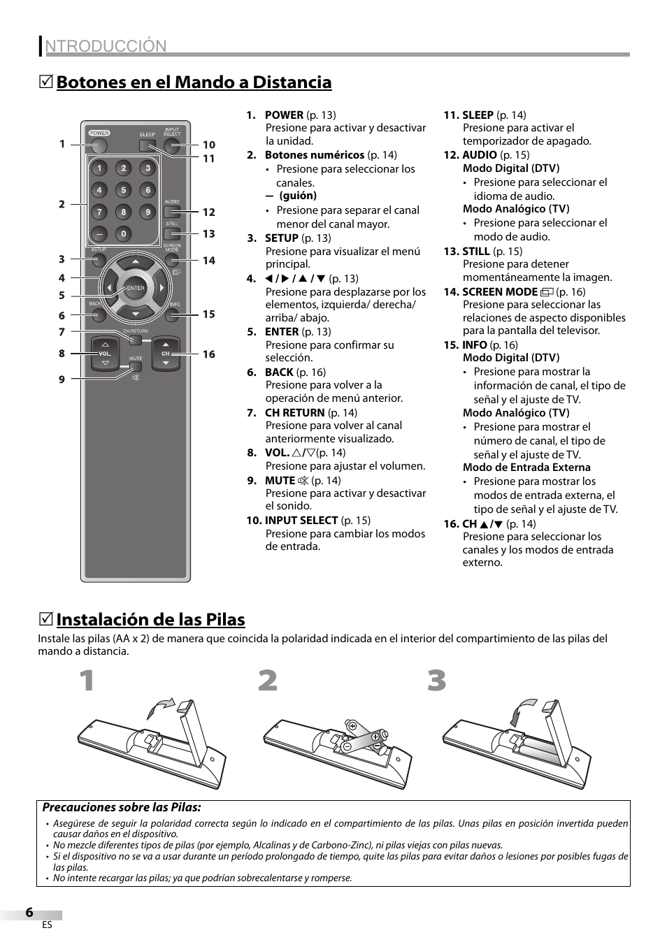 Ntroducción, Botones en el mando a distancia 5, Instalación de las pilas | Sylvania LC195SL9C User Manual | Page 44 / 76