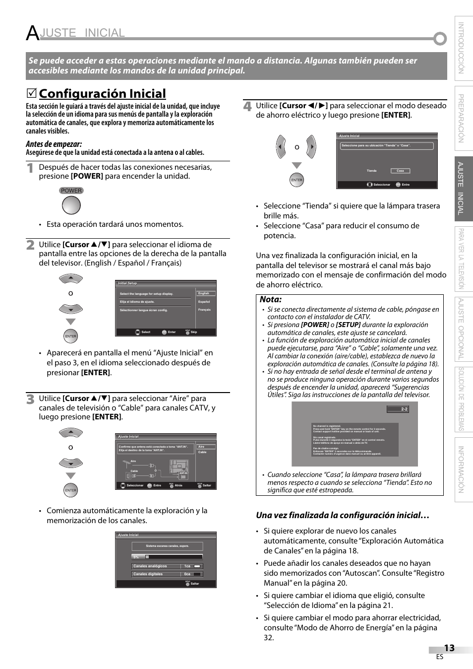 Juste inicial, Configuración inicial, Antes de empezar | Nota, Una vez finalizada la configuración inicial | Sylvania LC195SL9C User Manual | Page 51 / 76