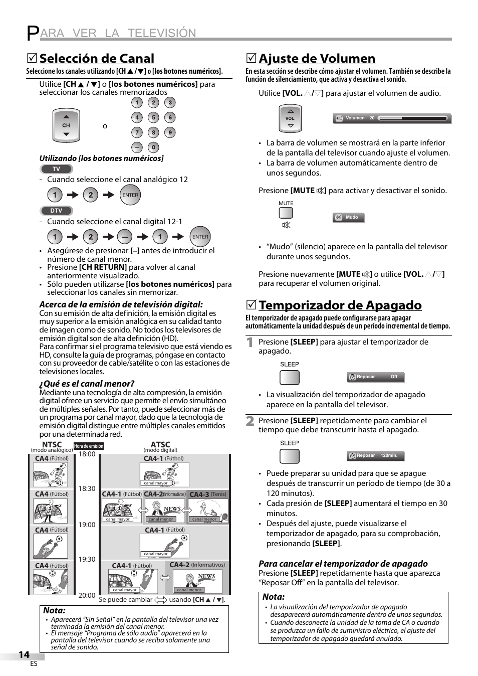 Ara ver la televisión, Selección de canal, Ajuste de volumen | Temporizador de apagado | Sylvania LC195SL9C User Manual | Page 52 / 76