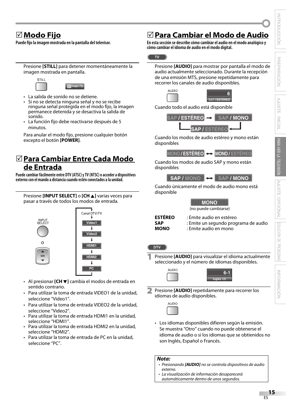 Modo fijo, Para cambiar entre cada modo de entrada, Para cambiar el modo de audio | Sylvania LC195SL9C User Manual | Page 53 / 76