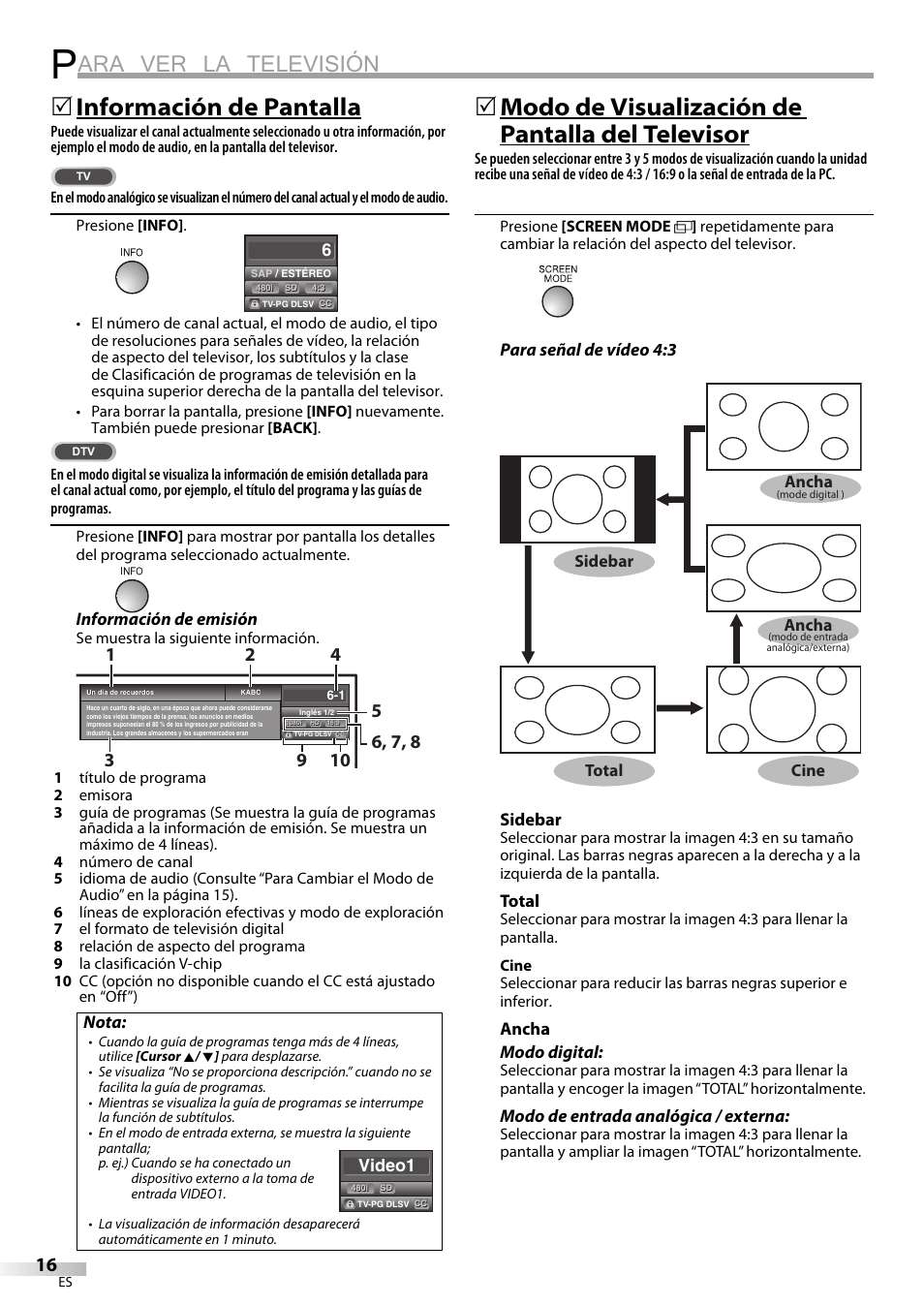 Ara ver la televisión, Información de pantalla, Modo de visualización de pantalla del televisor | Sylvania LC195SL9C User Manual | Page 54 / 76