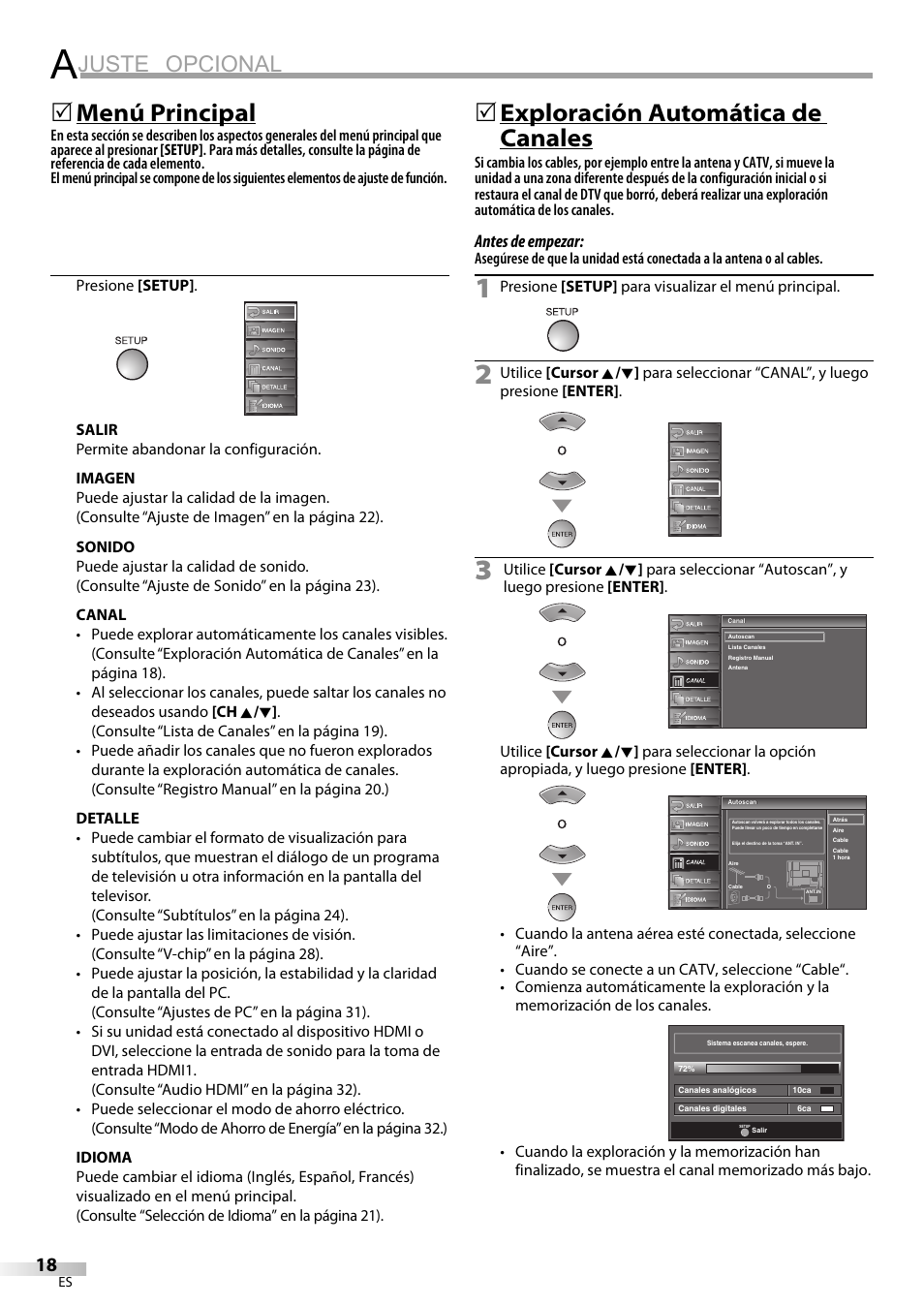 Juste opcional, Menú principal, Exploración automática de canales | Sylvania LC195SL9C User Manual | Page 56 / 76