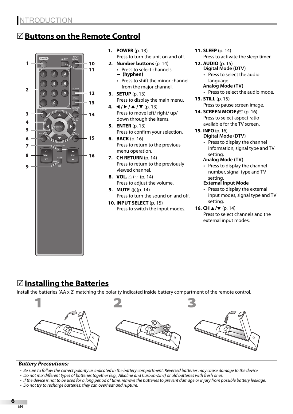 Ntroduction, Buttons on the remote control 5, Installing the batteries | Sylvania LC195SL9C User Manual | Page 6 / 76