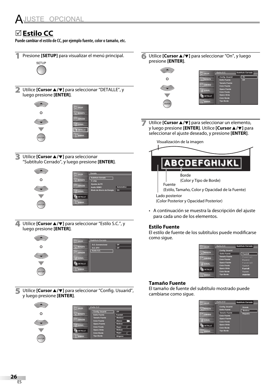 Juste opcional, Estilo cc, Estilo fuente | Tamaño fuente, Presione [setup] para visualizar el menú principal | Sylvania LC195SL9C User Manual | Page 64 / 76