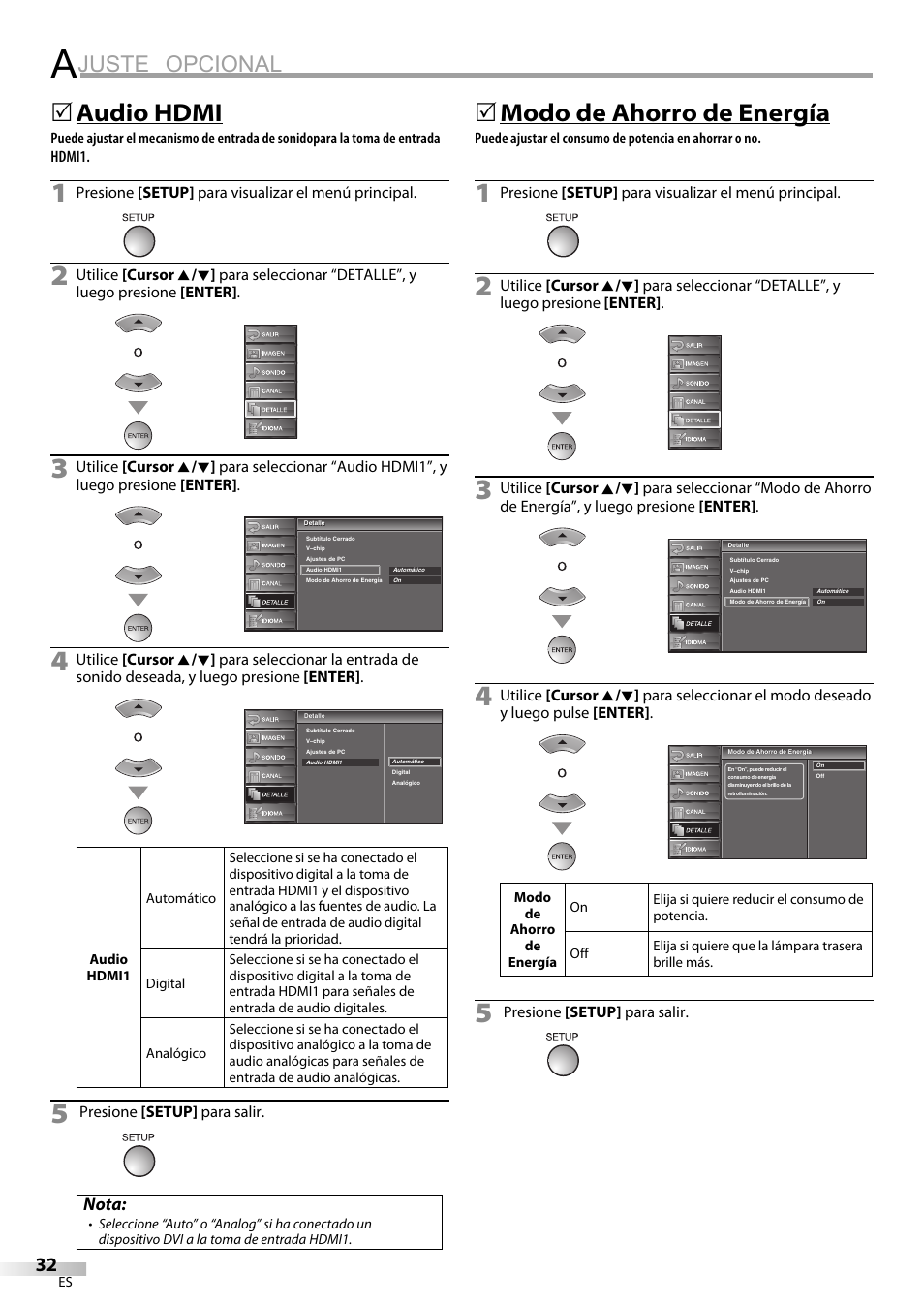 Juste opcional, Audio hdmi, 5modo de ahorro de energía | Nota | Sylvania LC195SL9C User Manual | Page 70 / 76