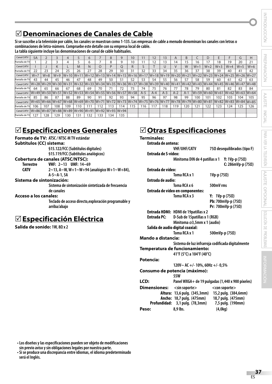 Especificaciones generales, Especificación eléctrica, 5otras especificaciones | Denominaciones de canales de cable 5 | Sylvania LC195SL9C User Manual | Page 75 / 76