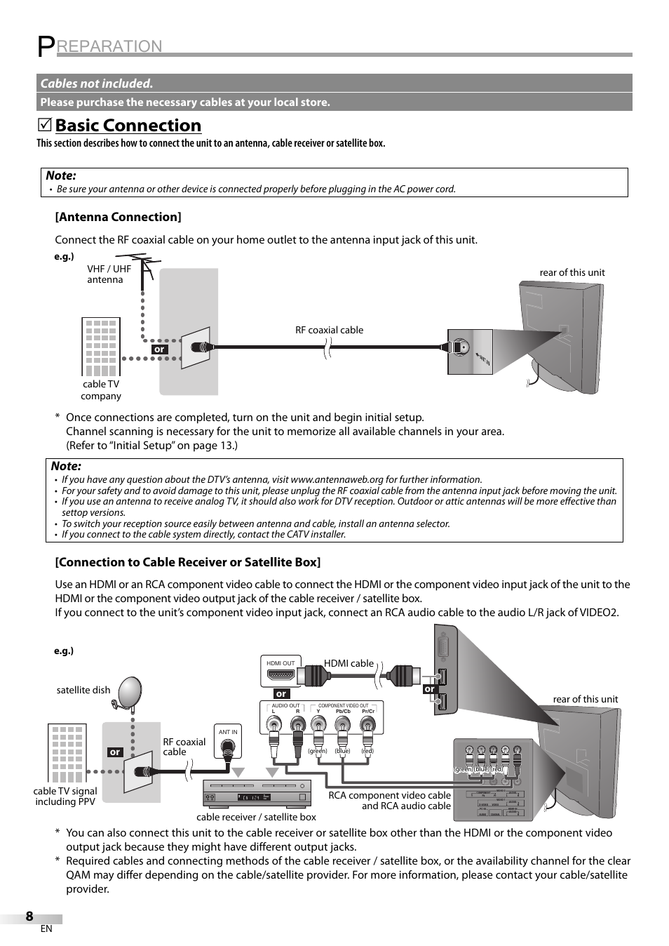 Reparation, Basic connection, Antenna connection | Connection to cable receiver or satellite box, Cables not included | Sylvania LC195SL9C User Manual | Page 8 / 76