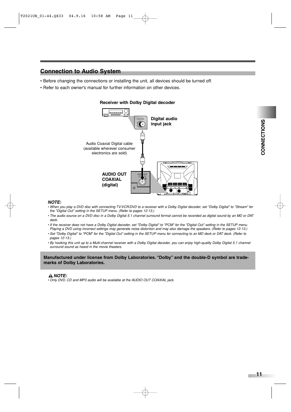 Connection to audio system, Connections | Sylvania 6727FRE User Manual | Page 11 / 88